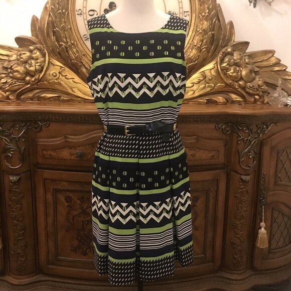 TAHARI Size 10P. Pleated and fully lined sleeveless dress.  Belted.  Aztec.  B17 - Picture 1 of 6